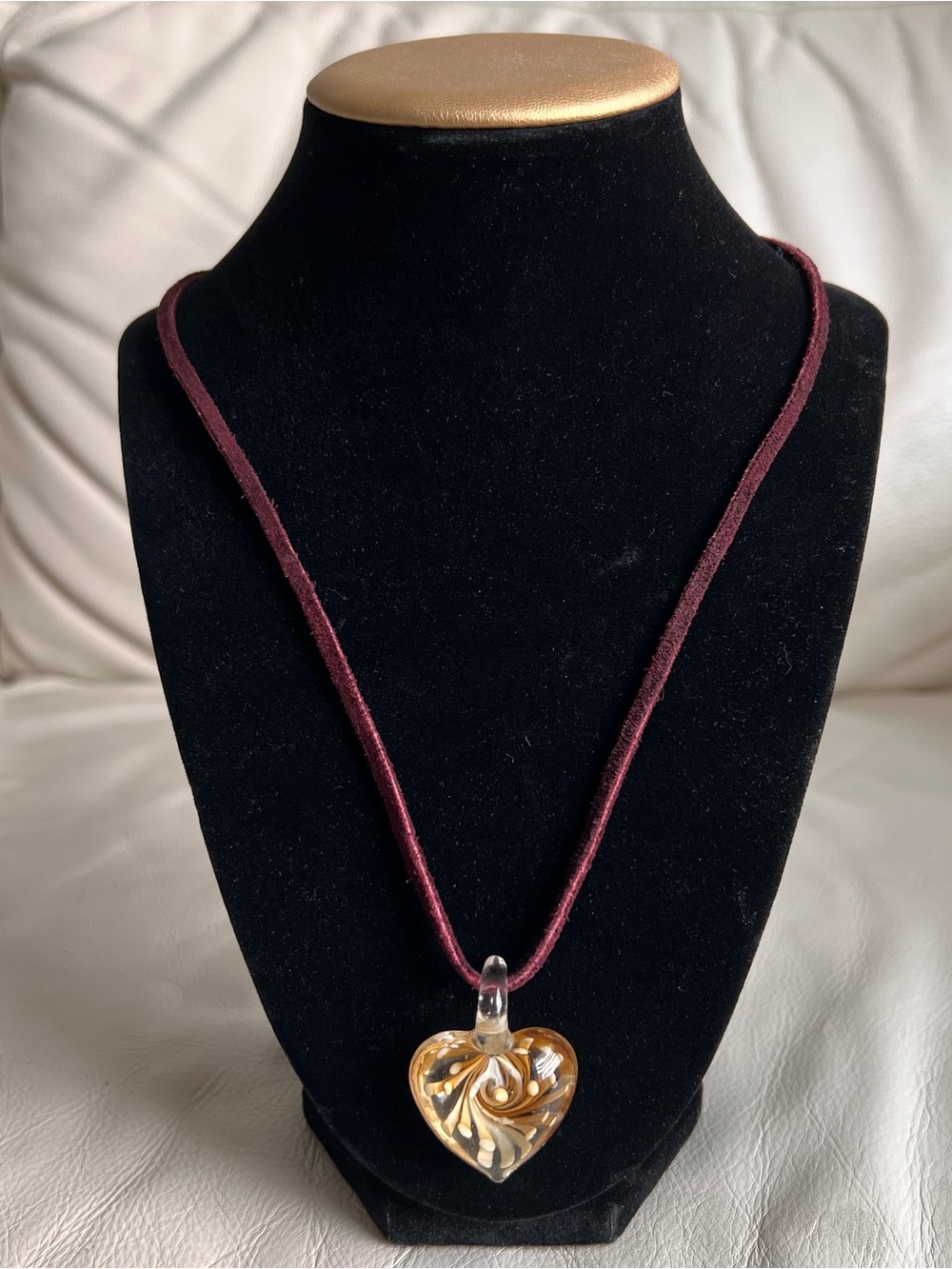 Murano Style Glass Heart Pendant Necklace Burgundy Leather Cord